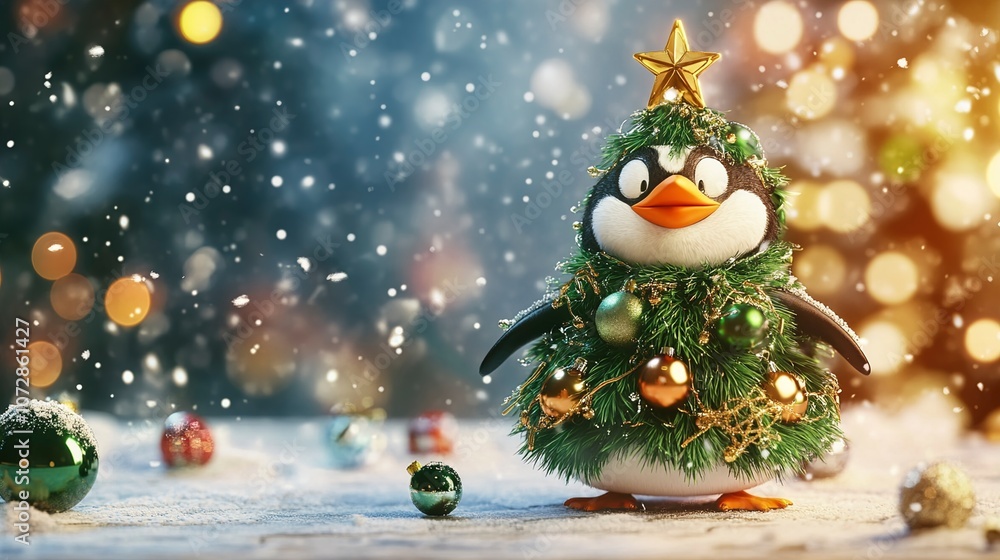 Penguin Dressed as Christmas Tree with Festive Lights and Snow Penguin Dressed as Christmas Tree with Festive Lights and Snow