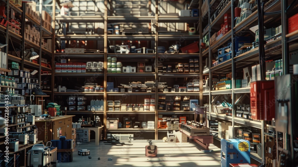 A cluttered warehouse with shelves stocked with various items. A cluttered warehouse with shelves stocked with various items.