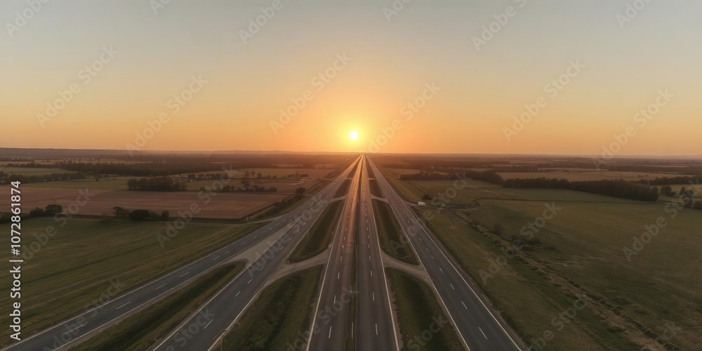 Fototapeta premium Beautiful sun rising over a scenic rural landscape with asphalt highways cutting through the countryside, sunrise, sky