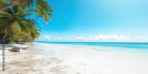 Beautiful beach landscape with crystal clear turquoise water, white sandy beach, lush green palm trees, and a bright blue sky, ocean, scenery, palm trees