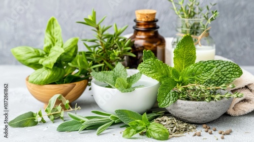 Obraz na płótnie Fresh herbs and essential oils for natural health and beauty. w salonie