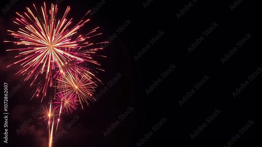 Vibrant fireworks explosion over a dark sky, night sky fireworks display, colorful bursts