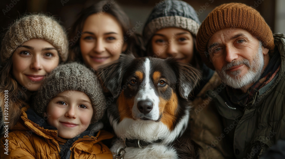 joyful family portrait featuring dog and its loving family members, showcasing warmth and togetherness. scene captures smiles and cozy winter attire joyful family portrait featuring dog and its loving family members, showcasing warmth and togetherness. scene captures smiles and cozy winter attire