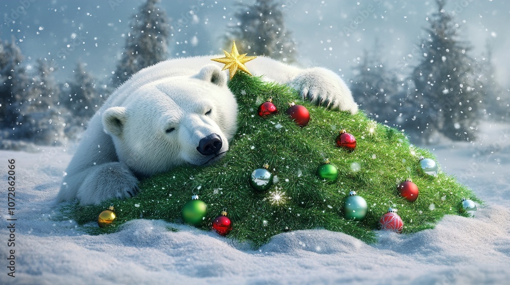 Polar Bear Napping Under a Christmas Tree in the Snow Polar Bear Napping Under a Christmas Tree in the Snow