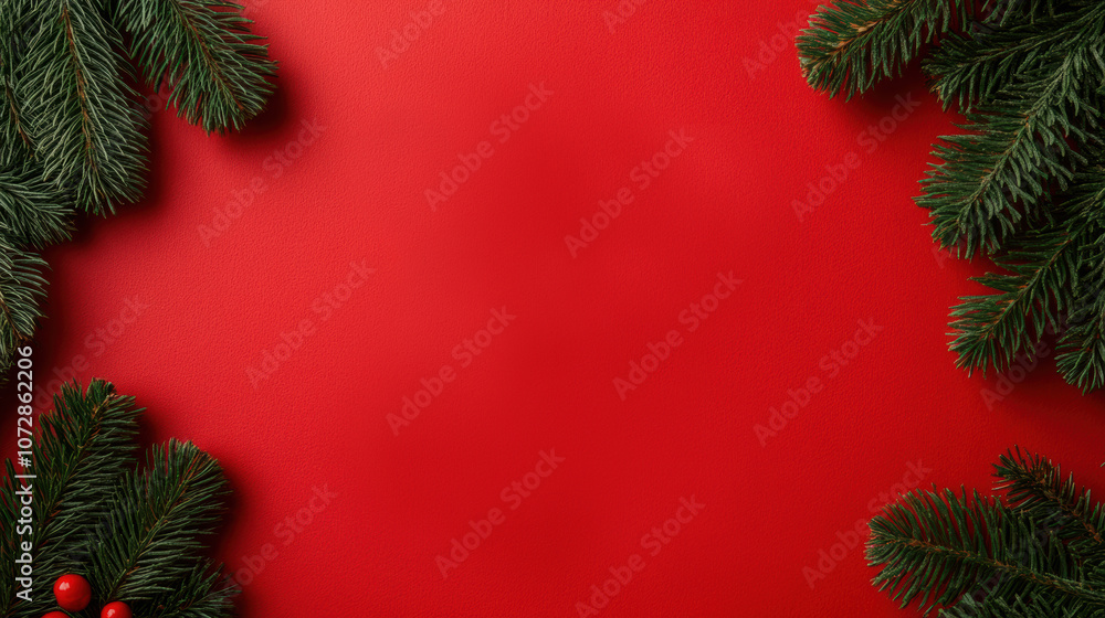 Green pine branches arranged on a vibrant red background, creating a festive frame perfect for Christmas or holiday-themed designs. Green pine branches arranged on a vibrant red background, creating a festive frame perfect for Christmas or holiday-themed designs.