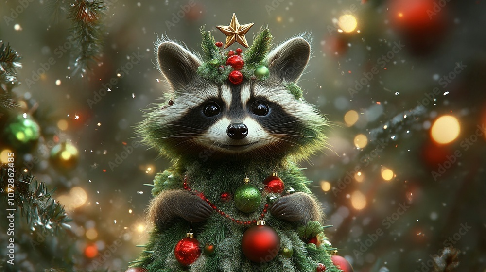 Raccoon Dressed as a Christmas Tree Raccoon Dressed as a Christmas Tree