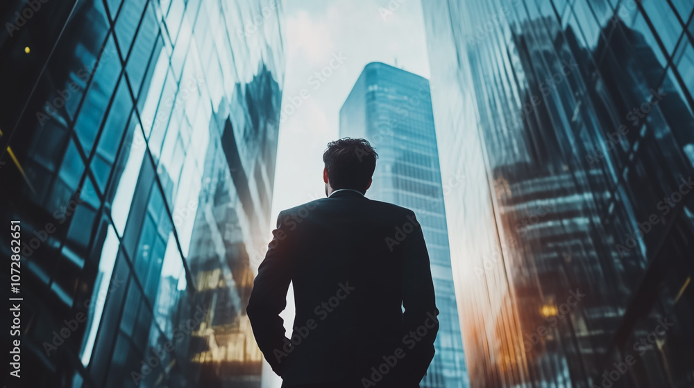 Abstract business man stands on the peak of success amid tall, innovative Smart city and graphs with statistics to analyze business potential and predict future developments in company growth. Abstract business man stands on the peak of success amid tall, innovative Smart city and graphs with statistics to analyze business potential and predict future developments in company growth.