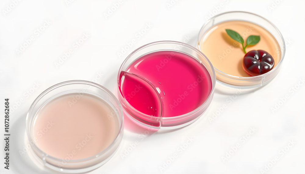Petri dishes with cosmetic on white background. Copy space. Concept skincare. Dermatology science cosmetic laboratory. Natural medicine,cosmetic research, organic skin care products isolated with wh Petri dishes with cosmetic on white background. Copy space. Concept skincare. Dermatology science cosmetic laboratory. Natural medicine,cosmetic research, organic skin care products isolated with wh