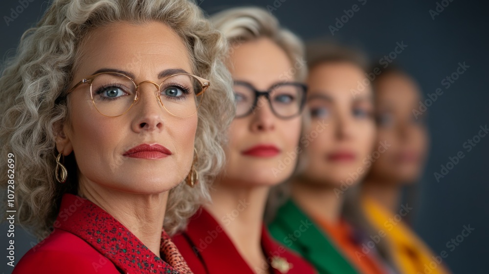 Group of confident women in stylish outfits posing together in a professional setting with diverse backgrounds highlighted Group of confident women in stylish outfits posing together in a professional setting with diverse backgrounds highlighted