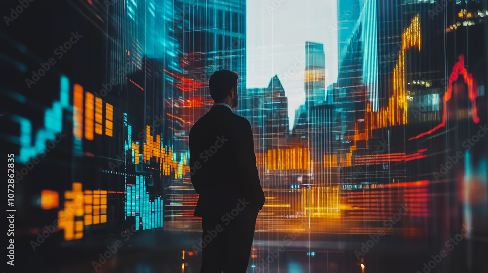 Abstract business man stands on the peak of success amid tall, innovative Smart city and graphs with statistics to analyze business potential and predict future developments in company growth. Abstract business man stands on the peak of success amid tall, innovative Smart city and graphs with statistics to analyze business potential and predict future developments in company growth.