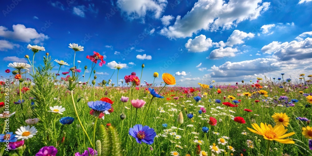 A colorful meadow filled with wildflowers and a bright blue sky, scenery, flowers, outdoor, grasslands, blooming A colorful meadow filled with wildflowers and a bright blue sky, scenery, flowers, outdoor, grasslands, blooming