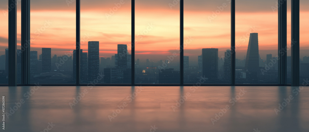 Fototapeta premium A modern interior with large glass windows showcasing a stunning sunset over a city skyline, creating a serene and inspiring atmosphere.