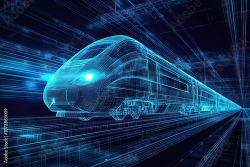Bullet train in a blue wireframe rendering, showcasing high-speed rail travel.