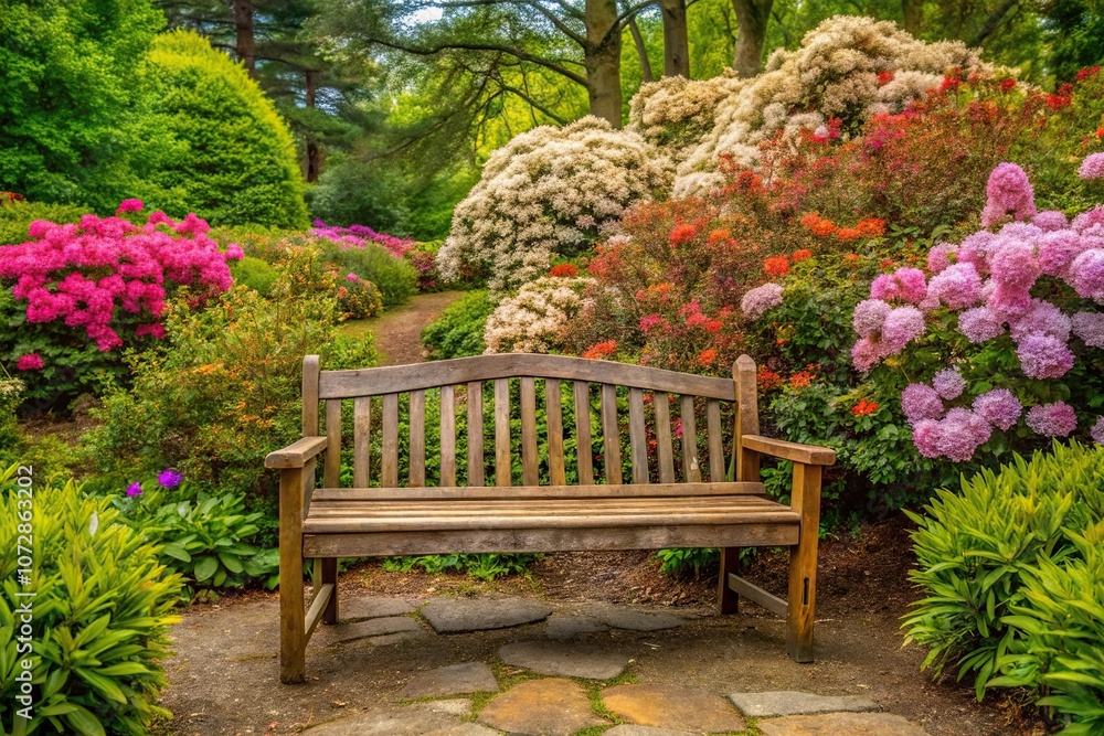 Obraz premium A rustic wooden bench surrounded by blooming shrubs and trees, garden design, outdoor furniture, nature-inspired decor