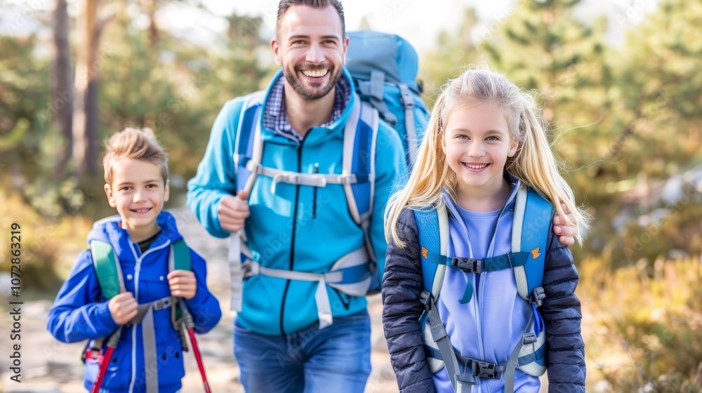 Happy family hiking in the woods, father with his children, outdoors, adventure, smiling. Happy family hiking in the woods, father with his children, outdoors, adventure, smiling.