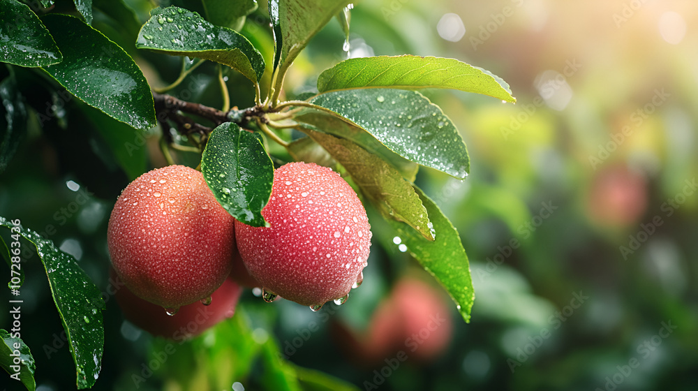 Red peach growing on a lush green fruit tree on a summer day. Fresh and healthy organic food outdoors in a garden. Closeup of branch with produce crops hanging ready for harvest on a farm Red peach growing on a lush green fruit tree on a summer day. Fresh and healthy organic food outdoors in a garden. Closeup of branch with produce crops hanging ready for harvest on a farm