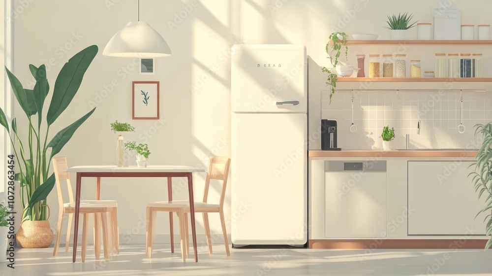 Fototapeta premium Dining table in interior of kitchen with fridge and counter