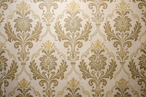 Damask wallpaper with intricate scrollwork and muted gold accents for a refined, formal look, high-end decor, refined design, refined ambiance, metallic accents, ornate details