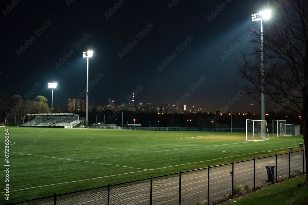 Dark green soccer field under stadium lights at night with distant city skyline background, darkness, night, stadium Dark green soccer field under stadium lights at night with distant city skyline background, darkness, night, stadium