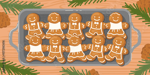 A baking tray with hot gingerbread cookies on the table, surrounded by fir branches and pinecones.