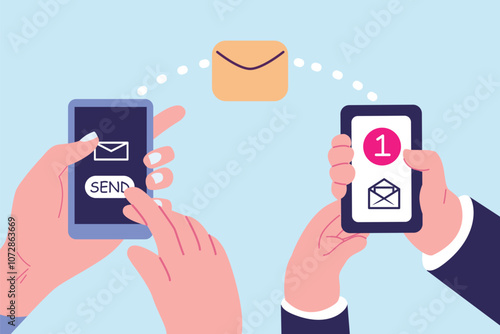 Hand hold white smartphone with message notification, send button flat illustration
