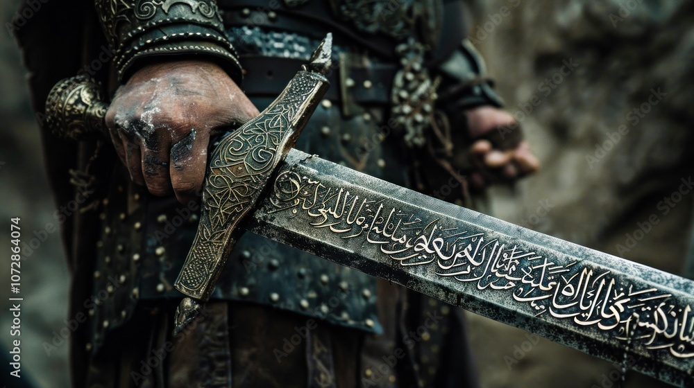 A hand grips a sword with intricate carvings and Arabic script. A hand grips a sword with intricate carvings and Arabic script.