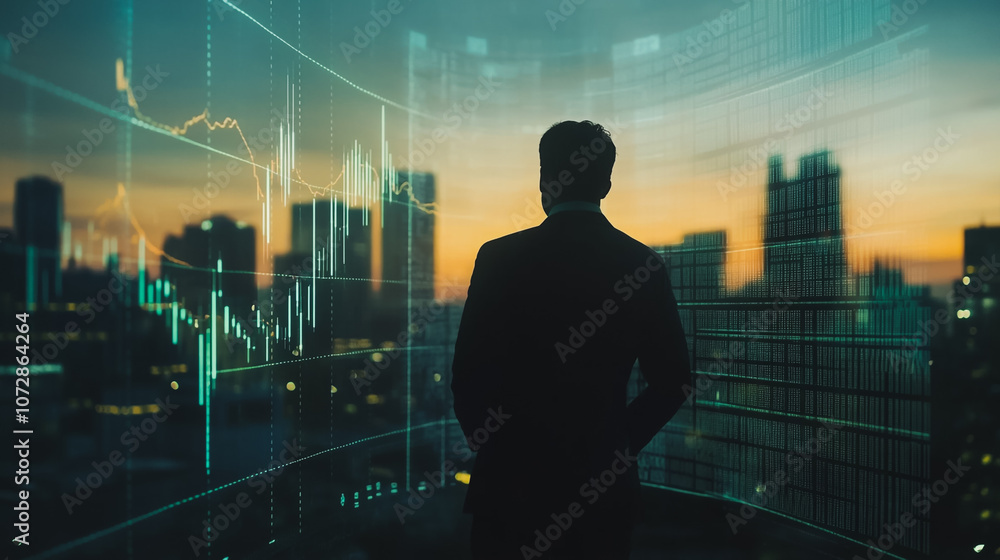 Abstract business man stands on the peak of success amid tall, innovative Smart city and graphs with statistics to analyze business potential and predict future developments in company growth. Abstract business man stands on the peak of success amid tall, innovative Smart city and graphs with statistics to analyze business potential and predict future developments in company growth.