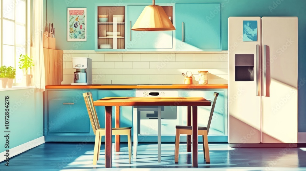 Dining table in interior of kitchen with fridge and counter Dining table in interior of kitchen with fridge and counter