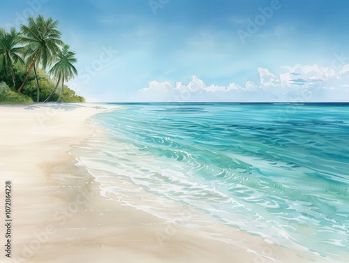 Tranquil beach with clear blue waters.