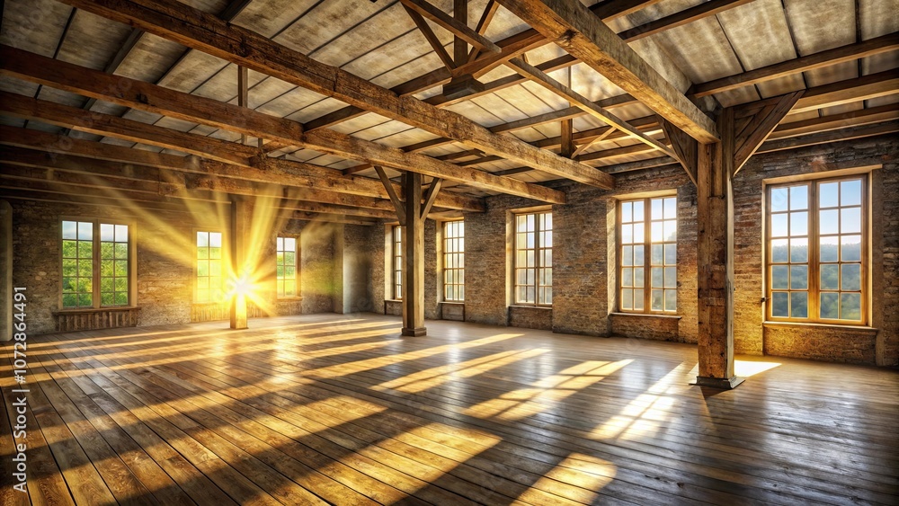 Golden Sunlight Beams Through the Windows of an Empty Loft Space with Exposed Wooden Beams and Brick Walls Golden Sunlight Beams Through the Windows of an Empty Loft Space with Exposed Wooden Beams and Brick Walls