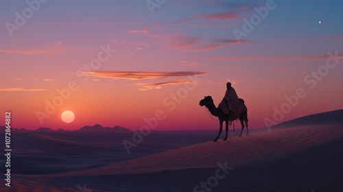 A lone camel rider traverses a vast desert landscape under a vibrant sunset sky.