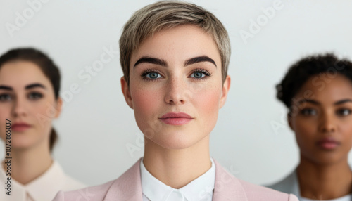 Three women stand confidently, with the focus on one in the foreground, showcasing modern professionalism and diversity in a minimalistic setting.