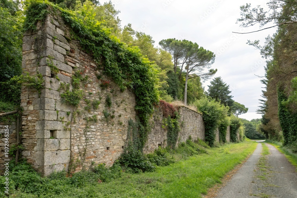 Old stone wall with overgrown vegetation, stone wall, building background, weathered, garden, outdoor Old stone wall with overgrown vegetation, stone wall, building background, weathered, garden, outdoor