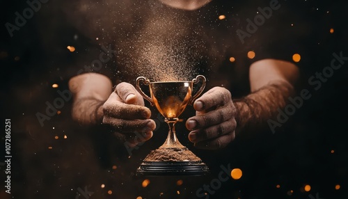 A person holding a trophy, symbolizing victory and achievement in a dramatic light. photo