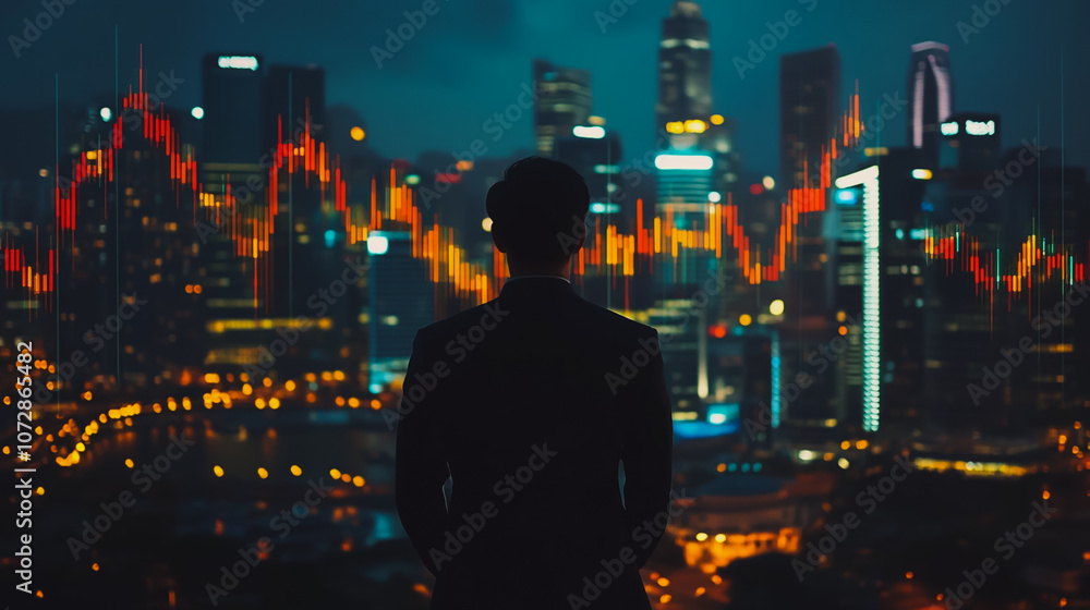 Abstract business man stands on the peak of success amid tall, innovative Smart city and graphs with statistics to analyze business potential and predict future developments in company growth. Abstract business man stands on the peak of success amid tall, innovative Smart city and graphs with statistics to analyze business potential and predict future developments in company growth.