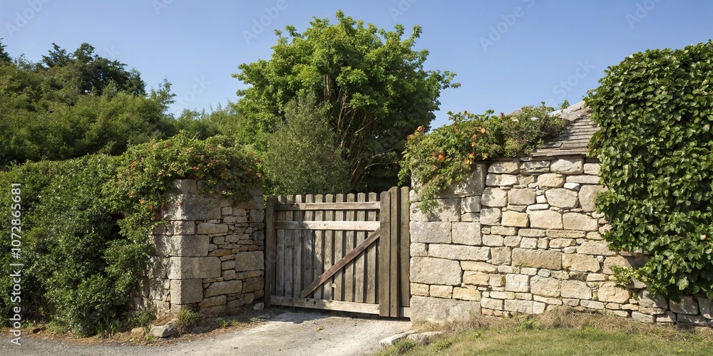 Stone wall with a wooden gate and foliage, rustic, garden, outdoor, foliage Stone wall with a wooden gate and foliage, rustic, garden, outdoor, foliage