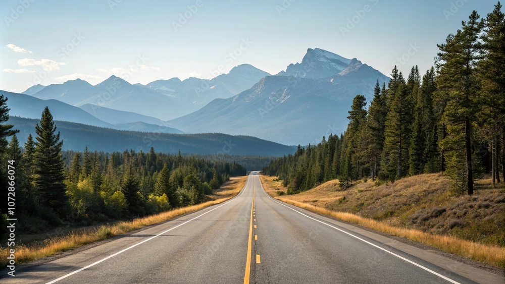 Fototapeta premium Wide open road stretches out before a mountain landscape with trees and mountains in the distance, countryside, landscape, asphalt, natural, roadscape