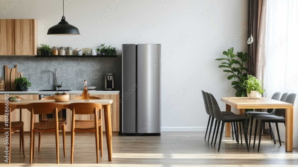 Dining table in interior of kitchen with fridge and counter Dining table in interior of kitchen with fridge and counter