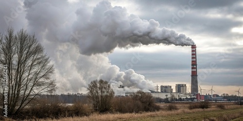 Heavy smoke billows from a factory chimney into the grey and white sky, industrial landscape, factory smoke, atmospheric conditions, pollution, haze