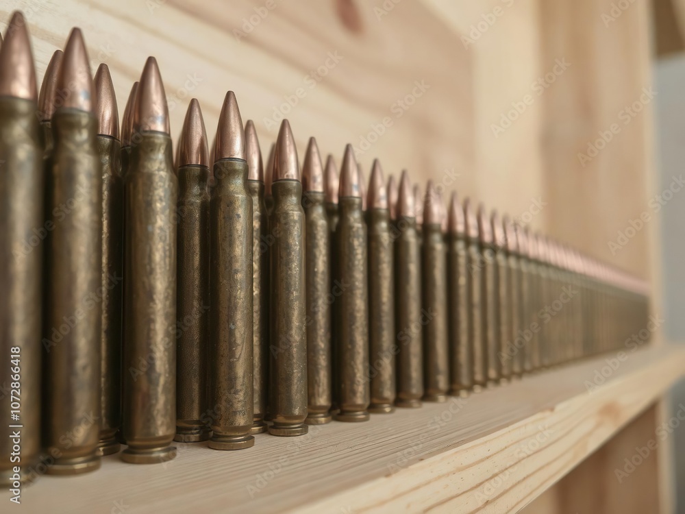 A close-up shot of a row of bullets lined up neatly on a wooden shelf, military, detail, lined up A close-up shot of a row of bullets lined up neatly on a wooden shelf, military, detail, lined up