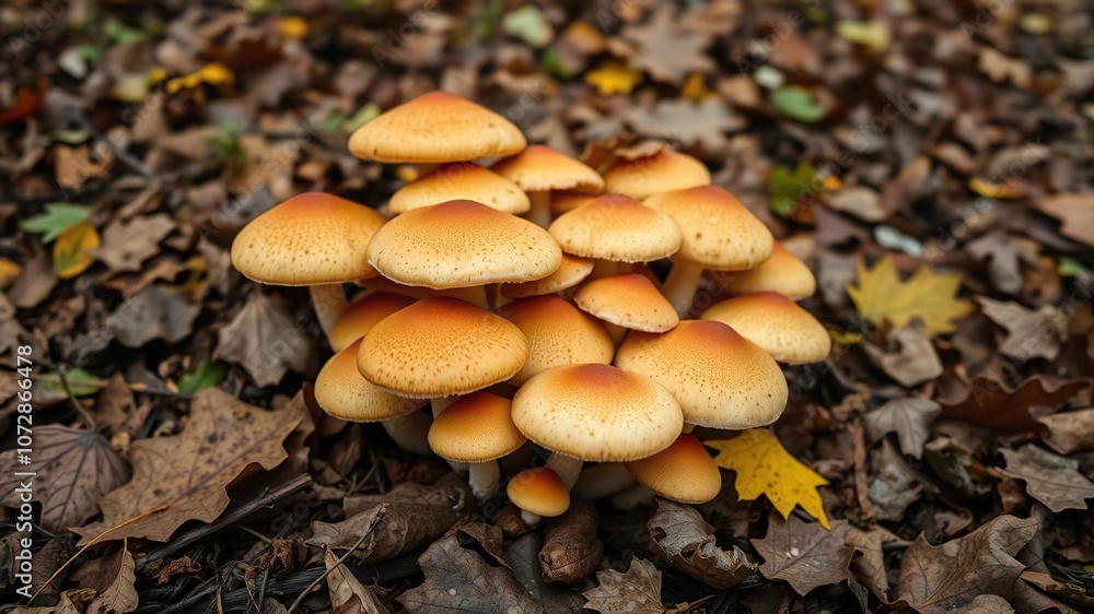 A cluster of autumn mushrooms growing in a circle among fallen leaves on a forest floor, forest structure, fungal symbiosis A cluster of autumn mushrooms growing in a circle among fallen leaves on a forest floor, forest structure, fungal symbiosis
