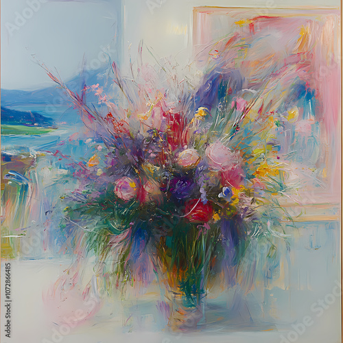 Peach and light lilac tones with delicate spring flowers set against an abstract background.