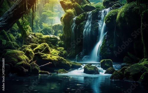 A serene forest scene featuring a cascading waterfall surrounded by lush greenery and moss.