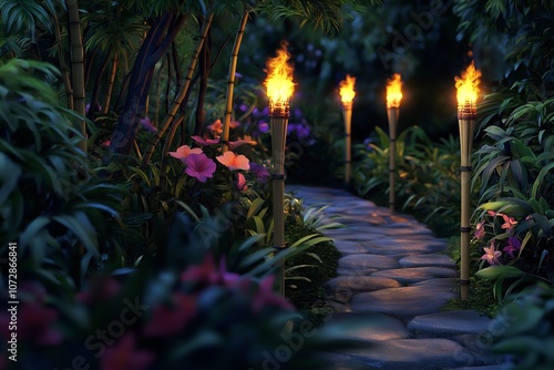 Row of bamboo Torches flaming at night