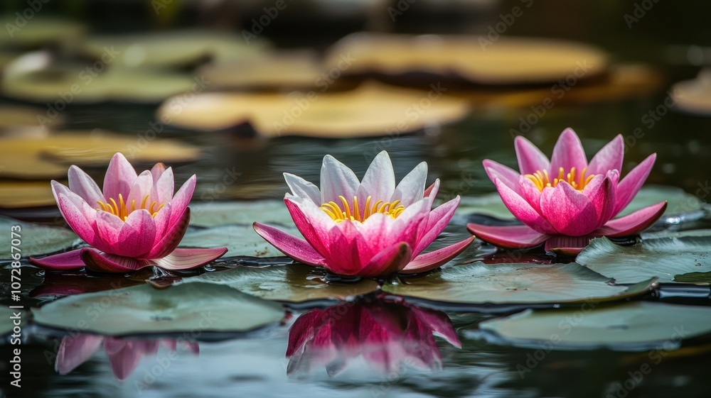 Three vibrant water lilies bloom on a tranquil pond, surrounded by lily pads, reflecting their beauty in the calm water. Three vibrant water lilies bloom on a tranquil pond, surrounded by lily pads, reflecting their beauty in the calm water.