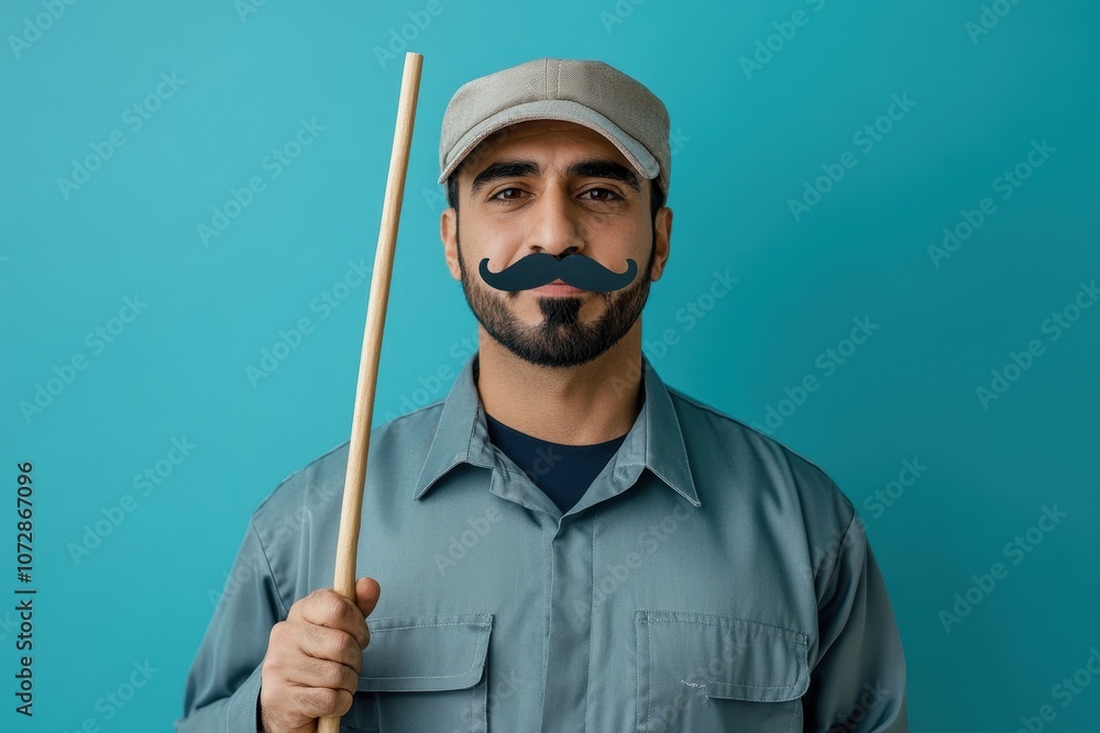 Man with Mustache and Stick in Front of Blue Background Man with Mustache and Stick in Front of Blue Background
