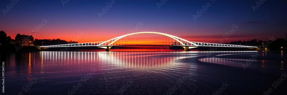 Obraz premium A majestic illuminated bridge stretches across a serene lake in Wloclawek at night, its sleek arches reflecting the vibrant colors of the setting sun., arches, colors