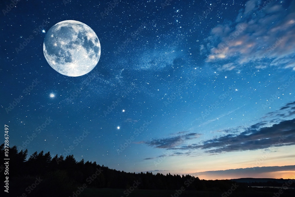 A serene celestial scene with a deep blue sky filled with twinkling stars and a large full moon hanging low in the horizon, galaxy, astronomy, universe, lunar A serene celestial scene with a deep blue sky filled with twinkling stars and a large full moon hanging low in the horizon, galaxy, astronomy, universe, lunar