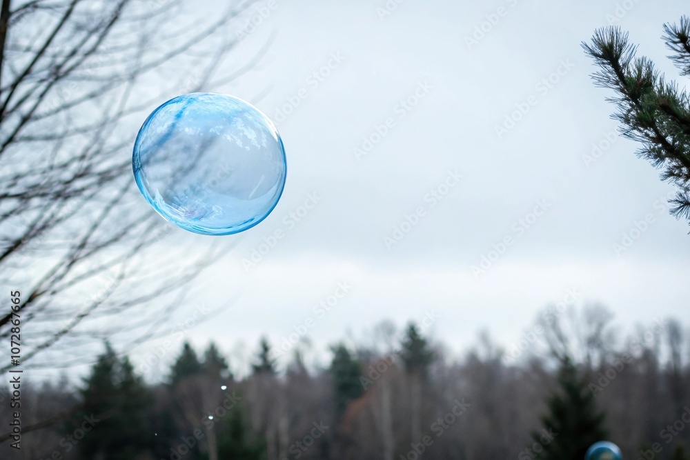 Naklejka premium A single blue bubble hovering in mid-air, surrounded by a soft white background, dreamy, minimalist