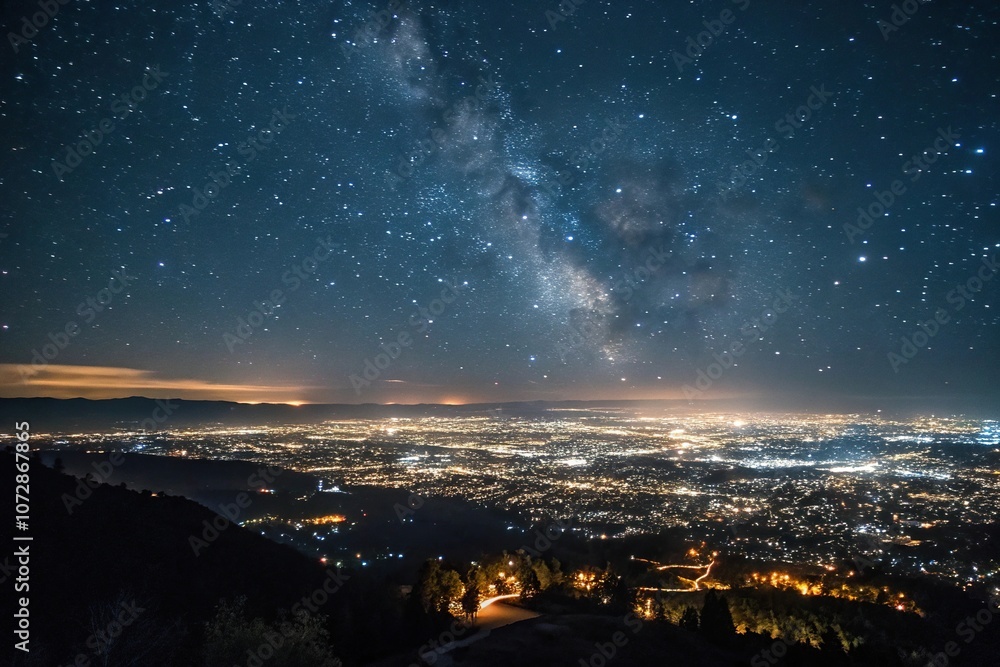 A sprawling cityscape under a vast starry night sky with numerous stars twinkling and shining brightly in every direction, stars, stardust A sprawling cityscape under a vast starry night sky with numerous stars twinkling and shining brightly in every direction, stars, stardust